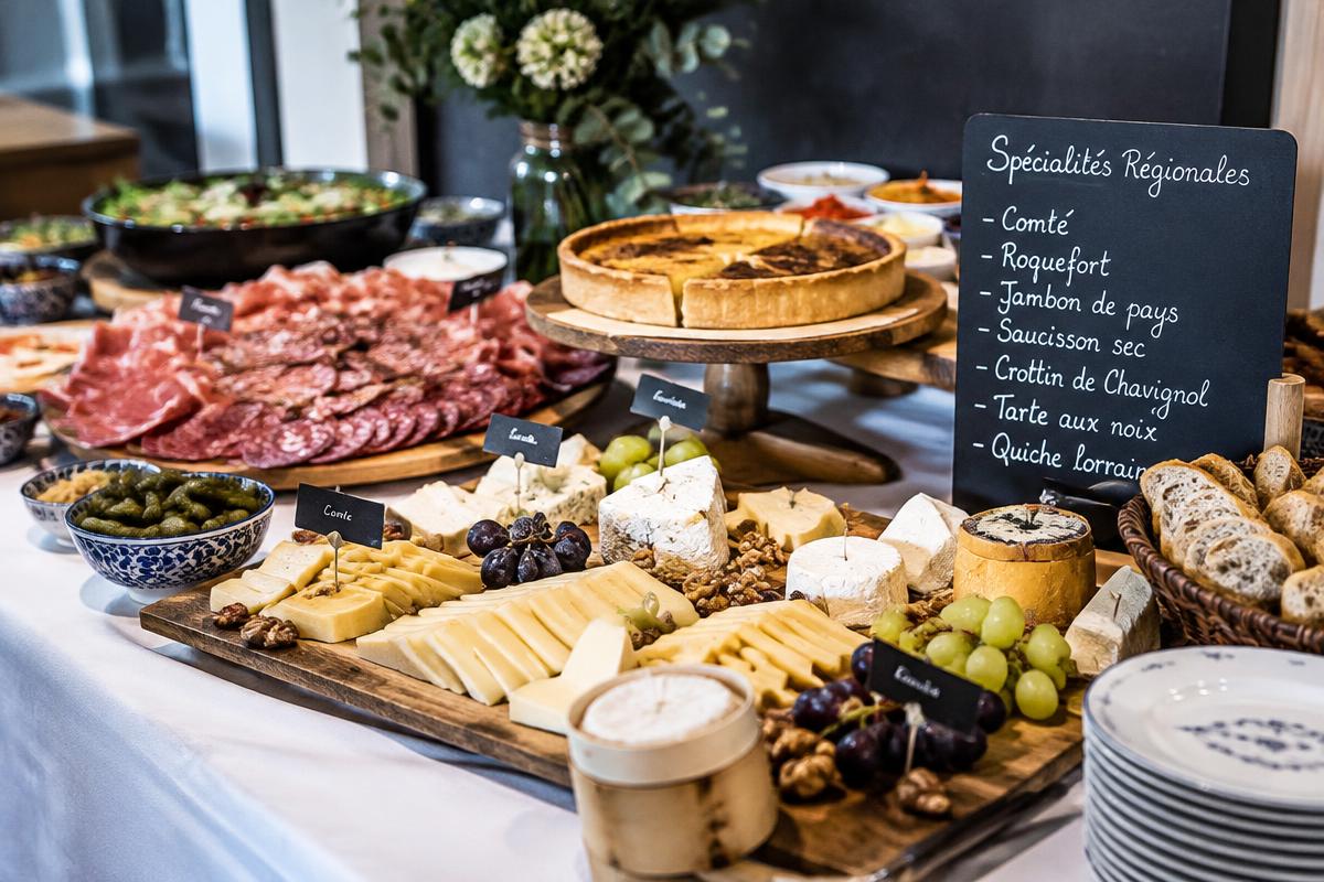 Buffet traiteur garni de plats et de fromages
