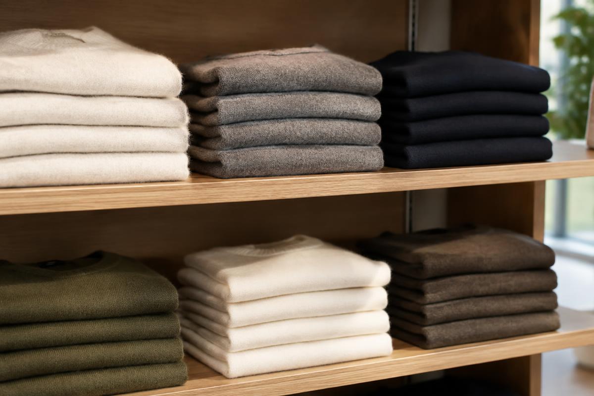 Pulls en laine pliés sur des étagères en bois