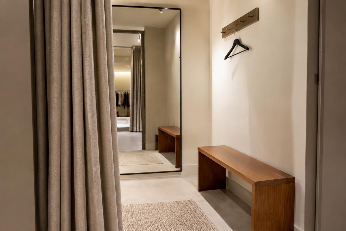 Cabine d'essayage élégante avec rideau et miroir