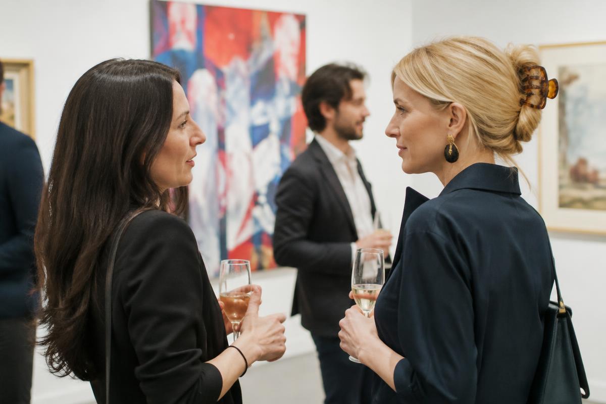 Visiteurs discutant lors d'un vernissage d'exposition