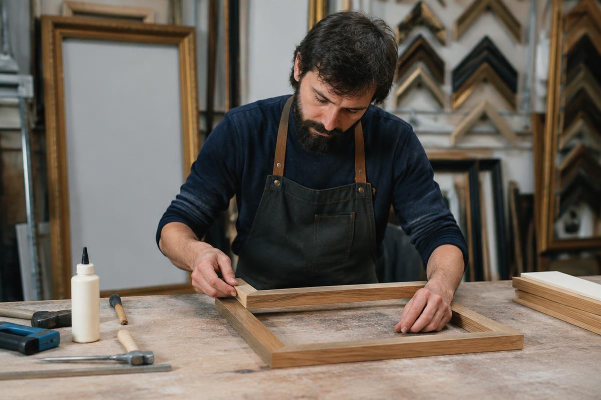 Artisan encadreur ajustant un cadre en atelier