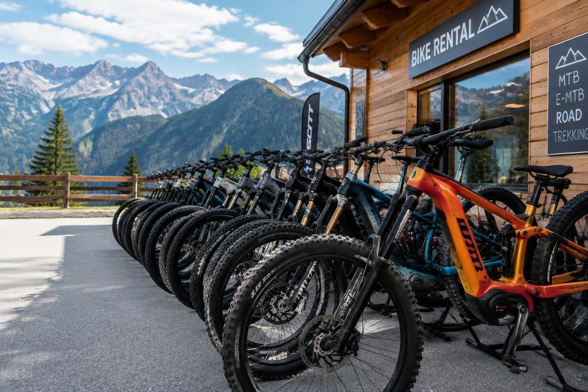 Rangée de vélos tout terrain prêts à la location