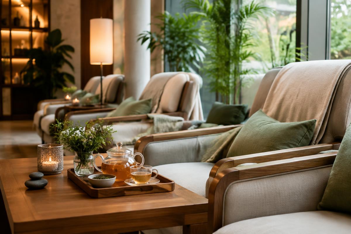 Espace détente d'un spa avec fauteuils et plantes