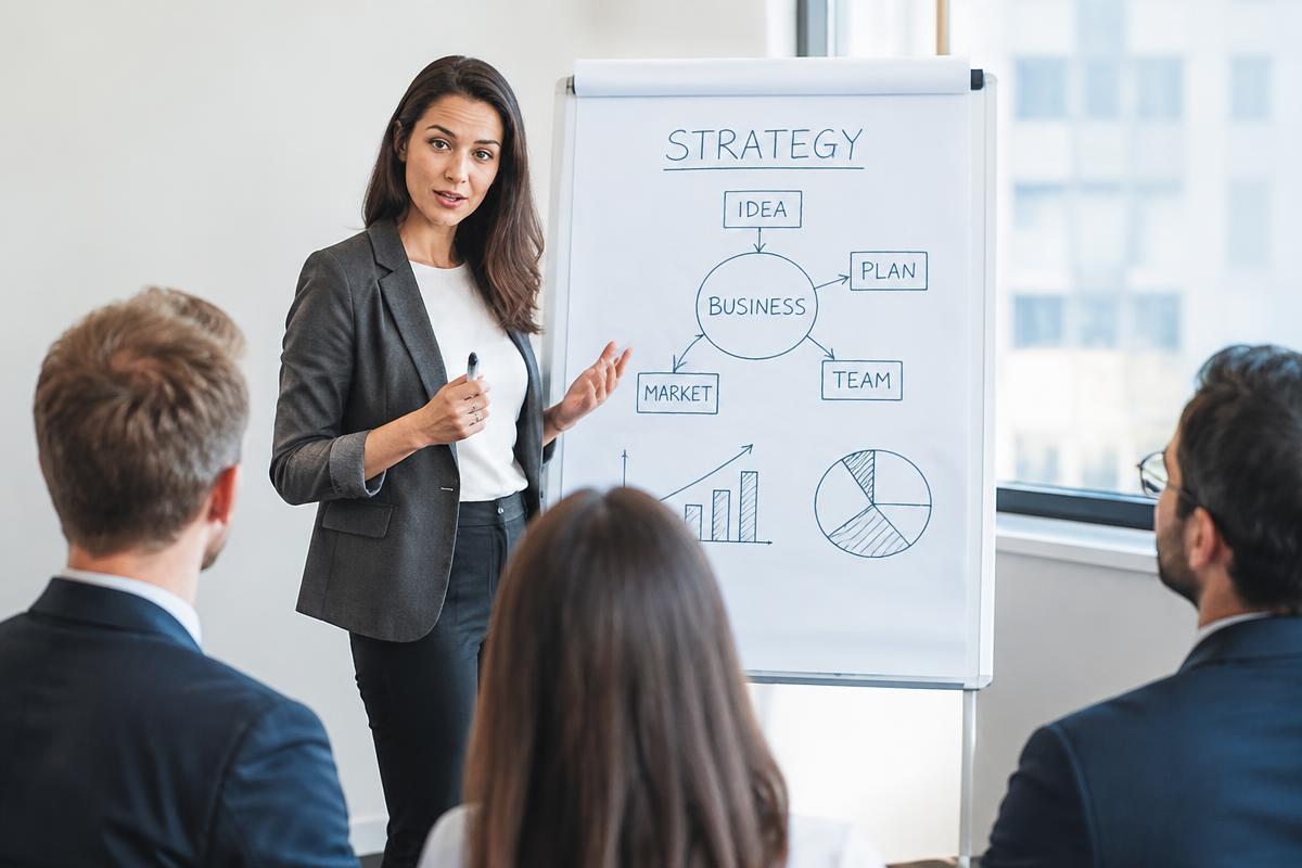 Consultant animant un atelier devant un paperboard