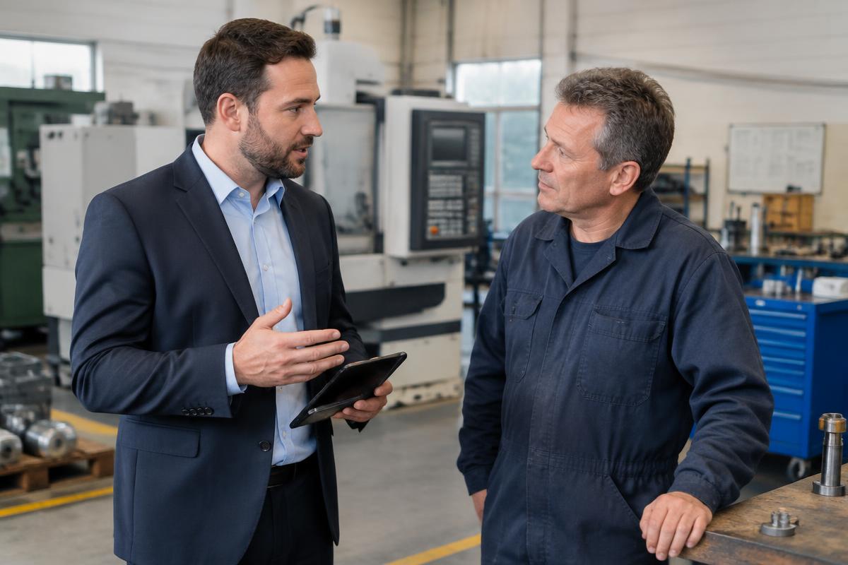 Consultant échangeant avec un dirigeant dans un atelier de production