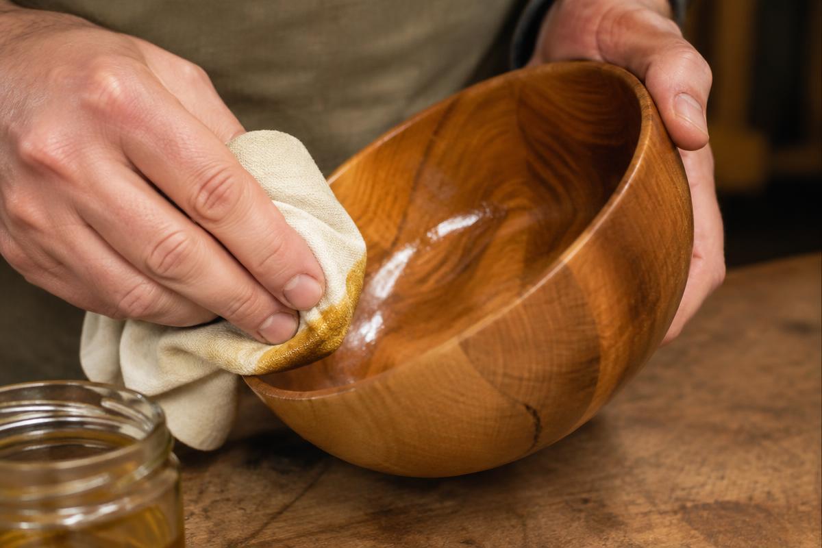 Mains appliquant une huile de finition sur un bol en bois