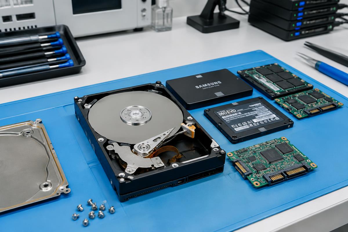 Disques durs ouverts sur un plan de travail d'atelier