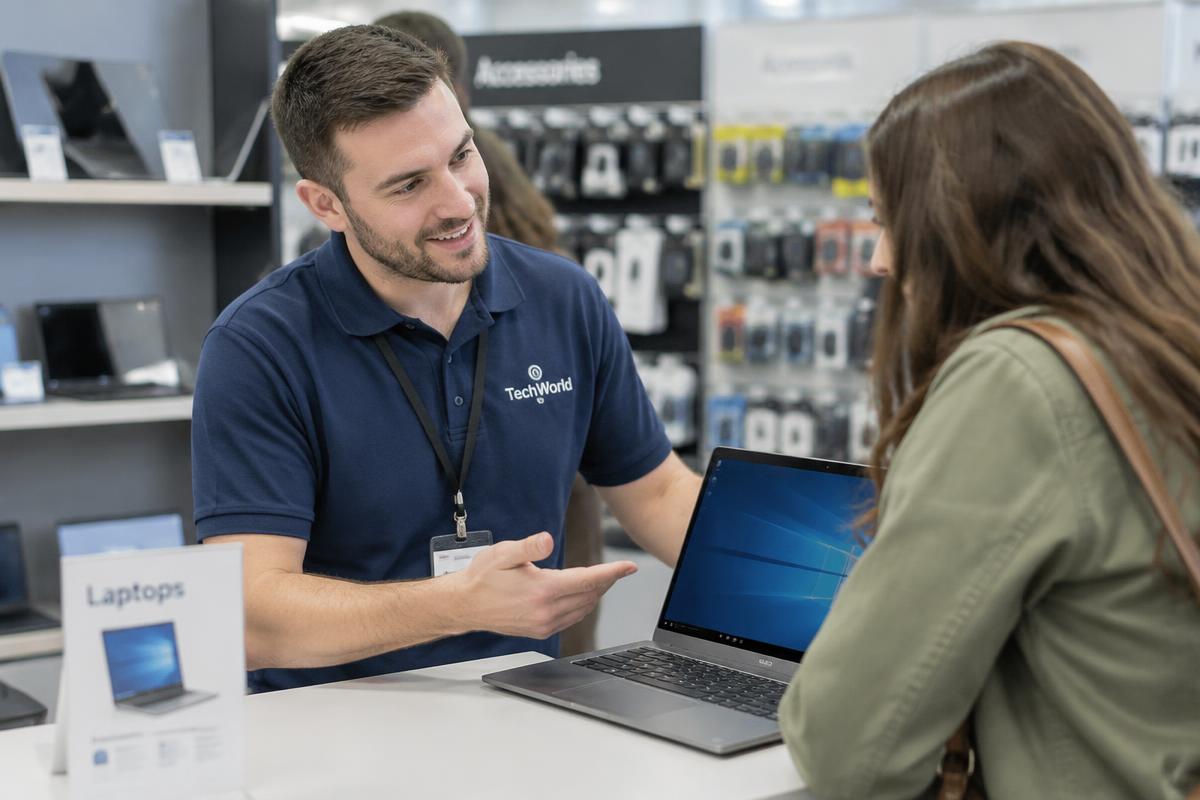 Conseiller expliquant un ordinateur portable à un client