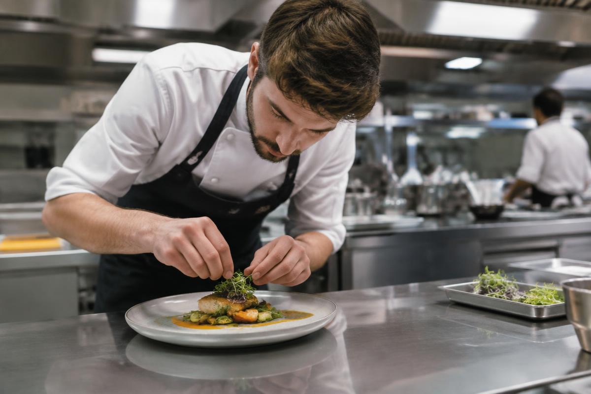 Chef dressant une assiette dans une cuisine professionnelle