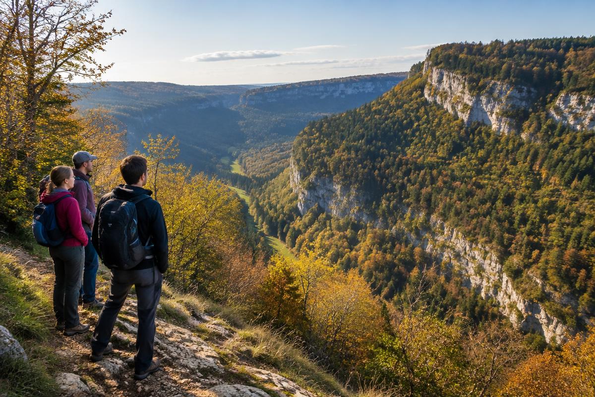 Randonneurs sur un sentier surplombant une vallée boisée du Jura