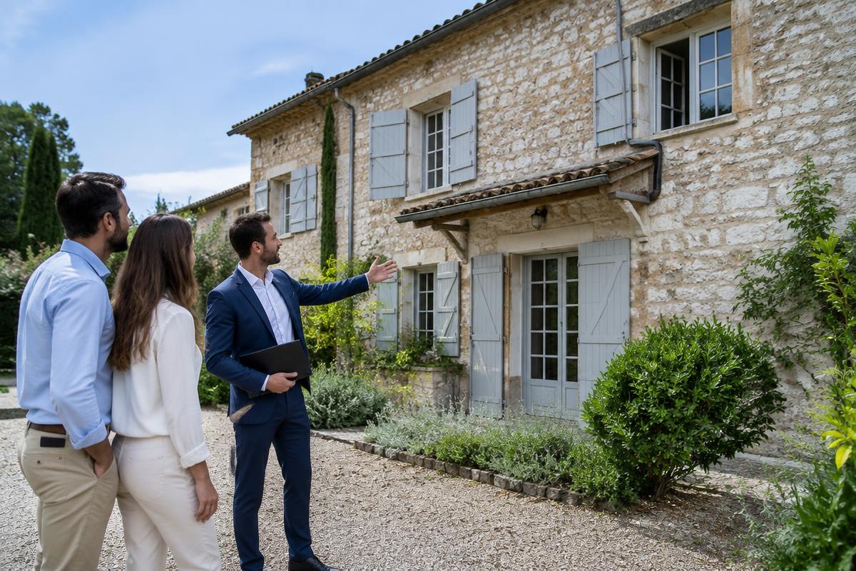 Conseiller immobilier présentant une maison à un couple